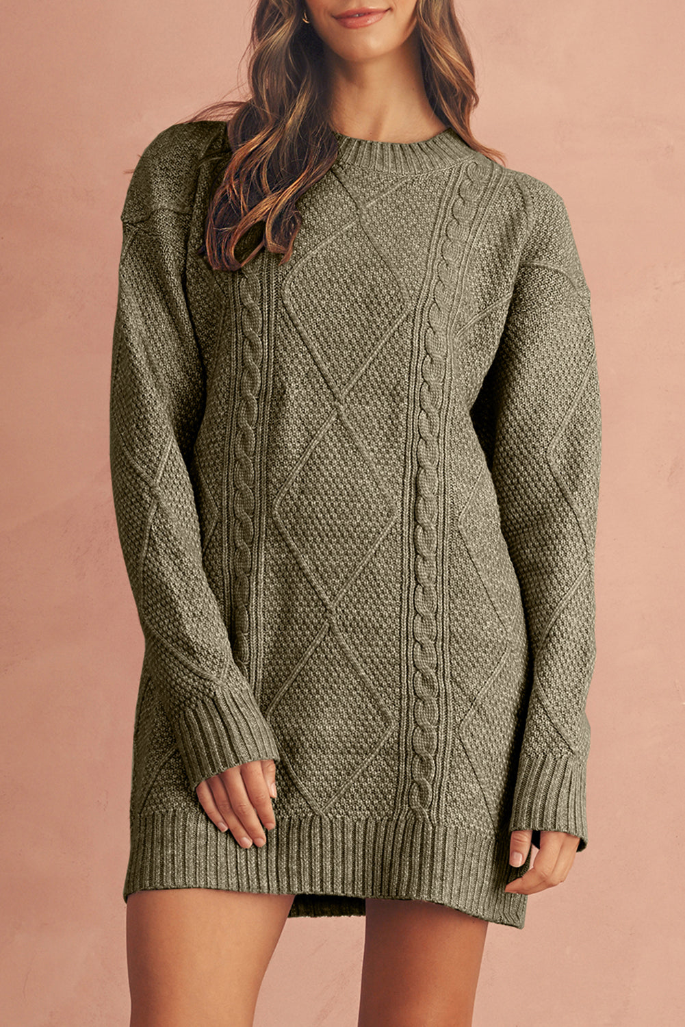 Mist Green Twist Cable Knit Drop Shoulder Loose Fit Sweater Dress Sweater Dresses 53322a192157f988