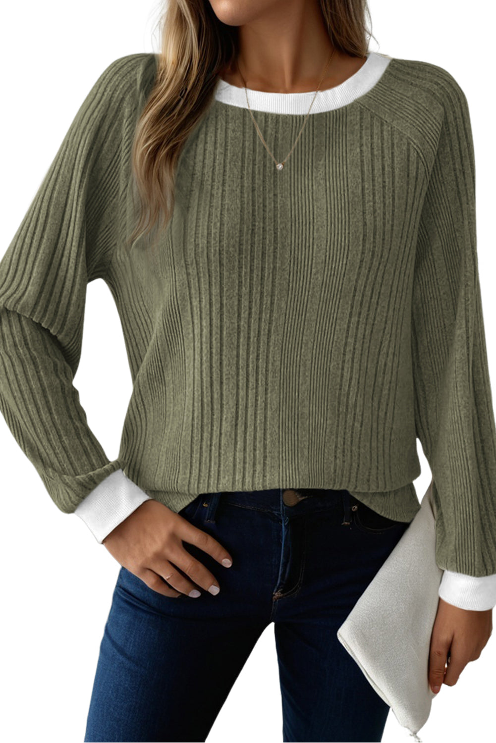 Moss Green Rib Texture Contrast Trim Round Neck Long Sleeve Top T Shirts 536add06aad76e6a