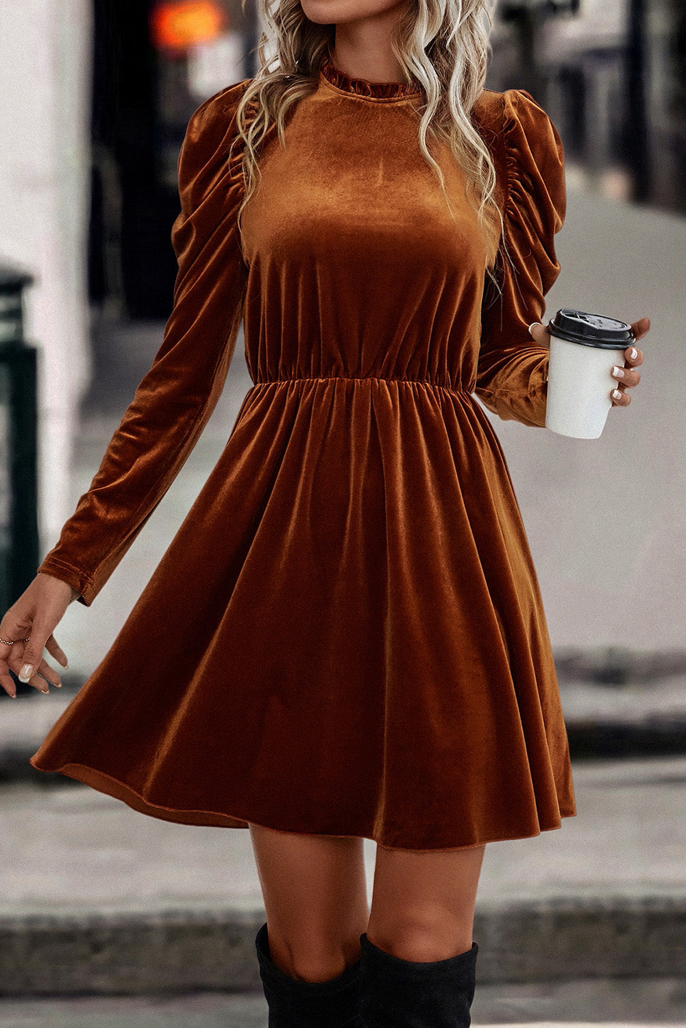 Chestnut Velvet Frilled Neck Gigot Sleeve Swing Dress 30% OFF 5398ef2bbedc64c4