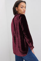 Green Frilled Neck Buttoned Front Velvet Top Long Sleeve Tops 53c05aeb912e0101