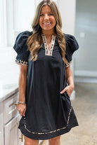 Black Leopard Trim Notched Neck Short Puff Sleeve Mini Dress Short Dresses 540adea2e9acc4bd