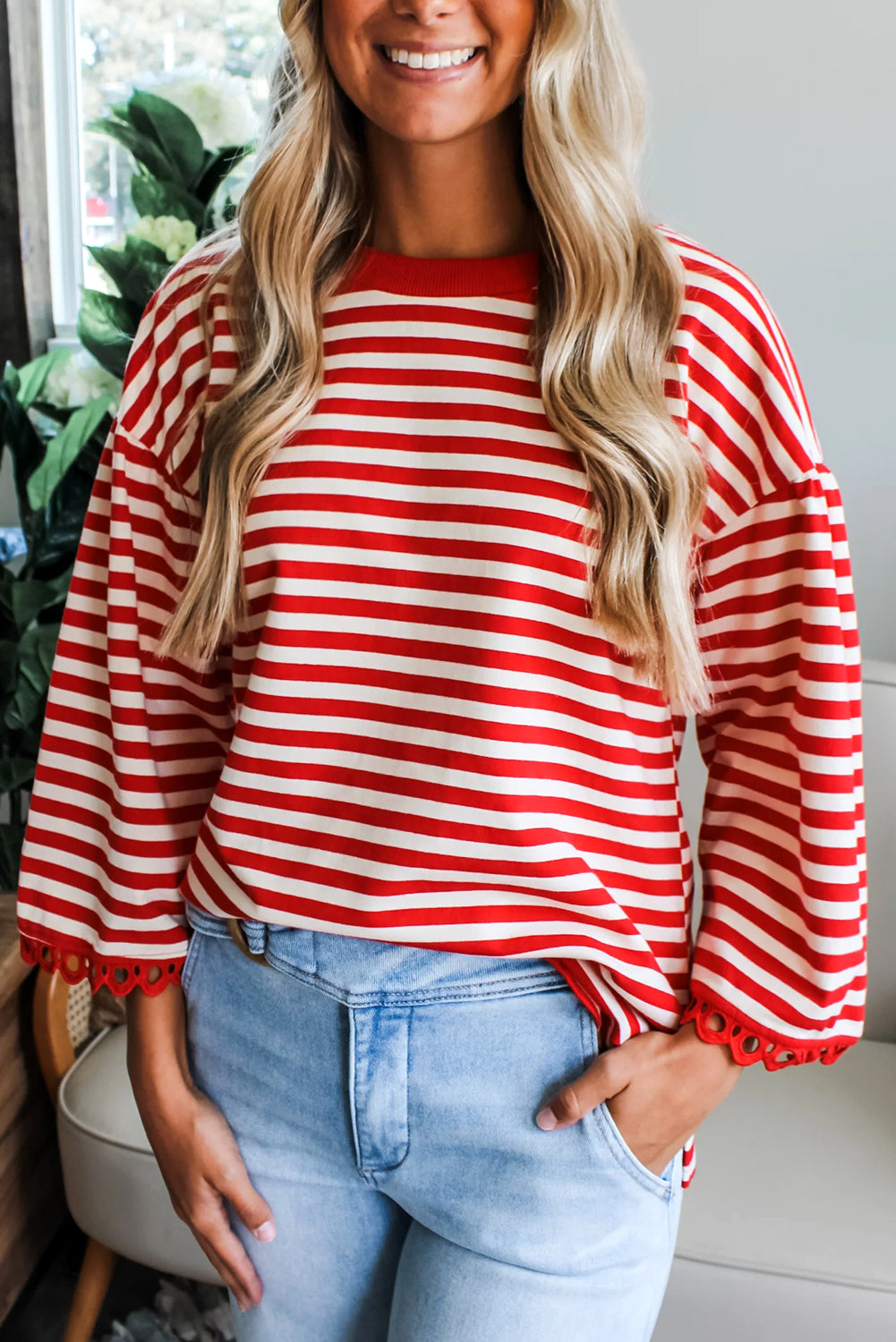 Sachet Pink Striped Round Neck Contrast Trim Bell Sleeve Top Long Sleeve Tops 5412de17952099d0