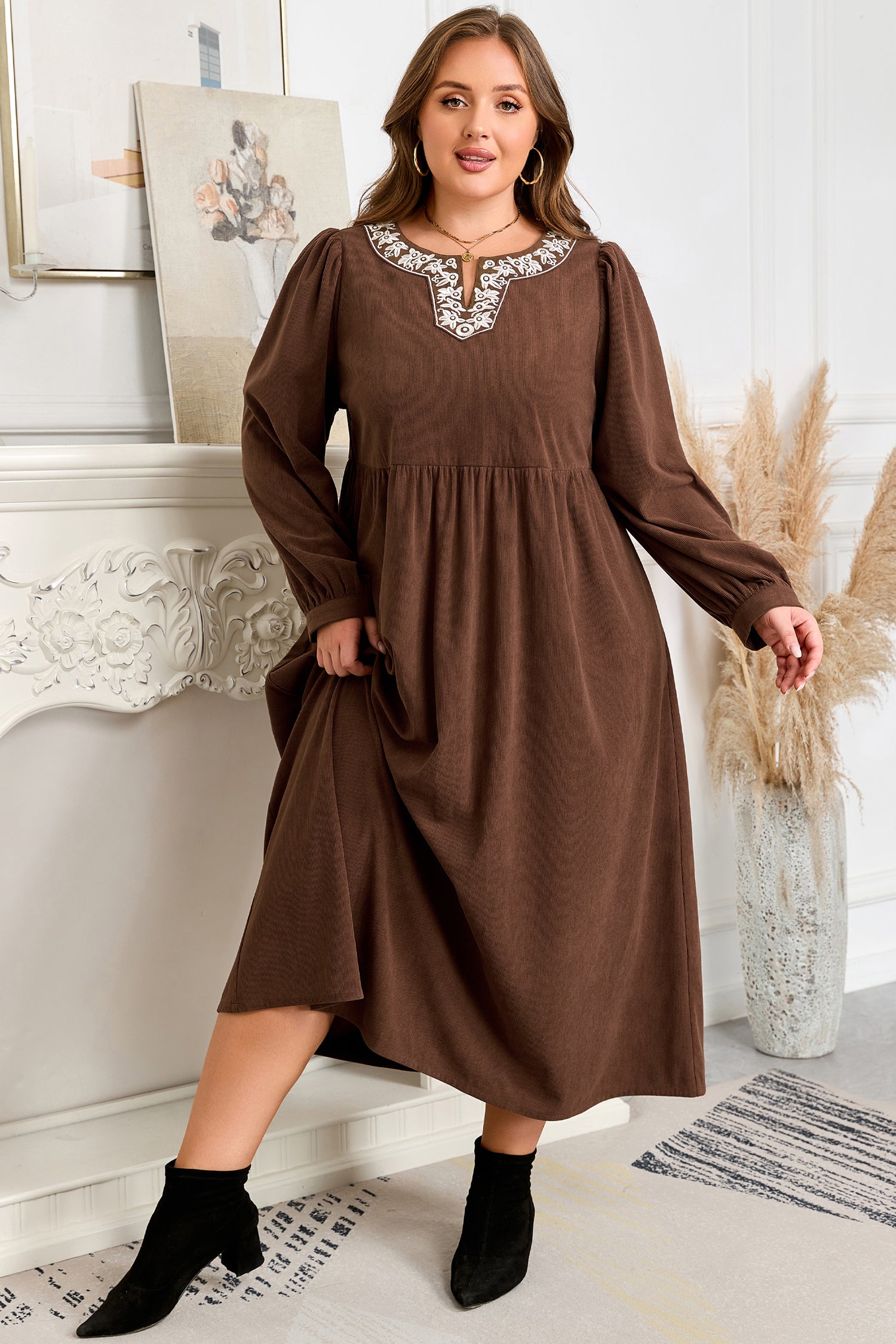 Coffee Embroidered Notched Neckline Textured Pleated High Waist Plus Size Midi Dress Plus Size Midi Dresses 5427a942872d934d