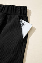 Black Ribbed Texture Baggy Drop Shoulder Pullover and Shorts Set Two Piece Shorts Sets 54928e5575f42dc9