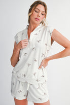 Beige Bow Print Half Zip Tank Top and Shorts Set Two Piece Shorts Sets 549b963616c4ac31