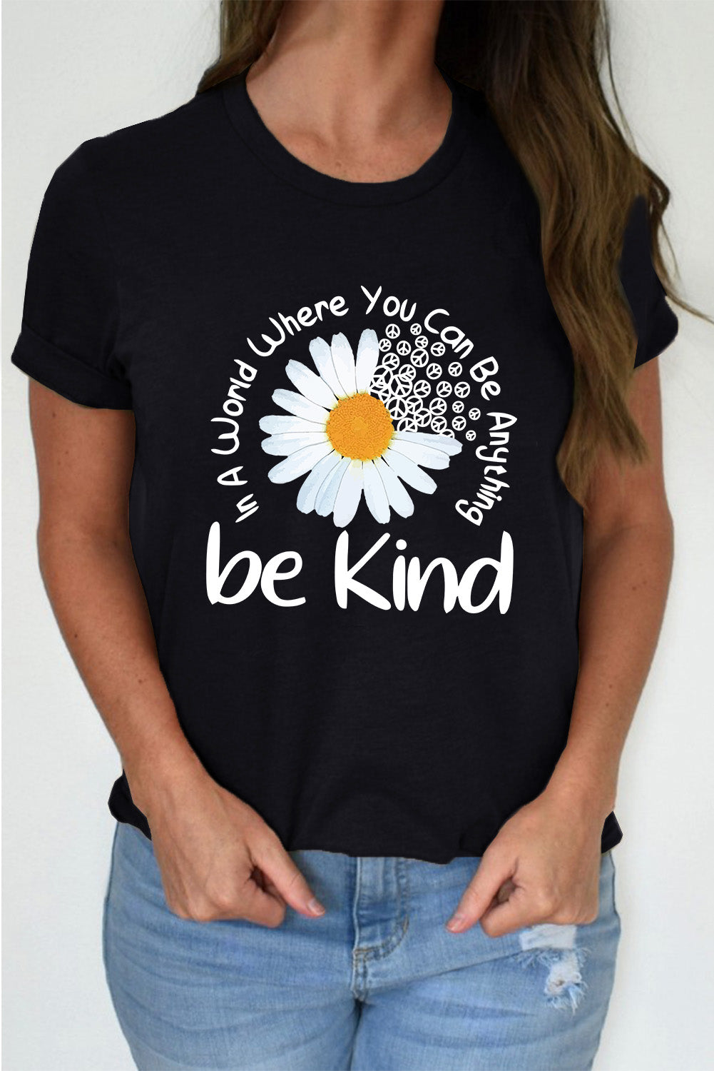 Black Casual be Kind Daisy Slogan Graphic Crewneck Tee Graphic Tees 54d33b8171e4e549