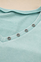 Mist Blue Mineral Wash Exposed Seam Buttoned V Neck Pullover Top Long Sleeve Tops 54d74e6f91ce53f7