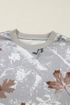 Gray Maple Leaf Camo Print Varsity Striped Sleeve Casual Sweatshirt Sweatshirts & Hoodies 5535a3a245500e46