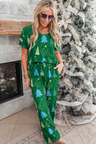 Green Christmas Tree Print V Neck Tee and Pants Pajama Set Loungewear Set 5537142afb72333d