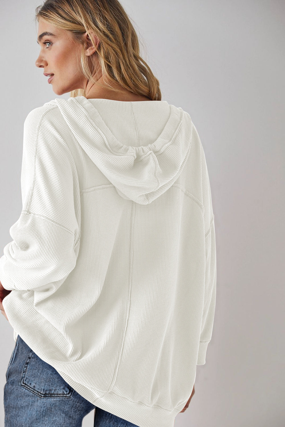 White Oversize Waffle Drop Shoulder Exposed Seam V Neck Hoodie Sweatshirts & Hoodies 553761e539529dc4