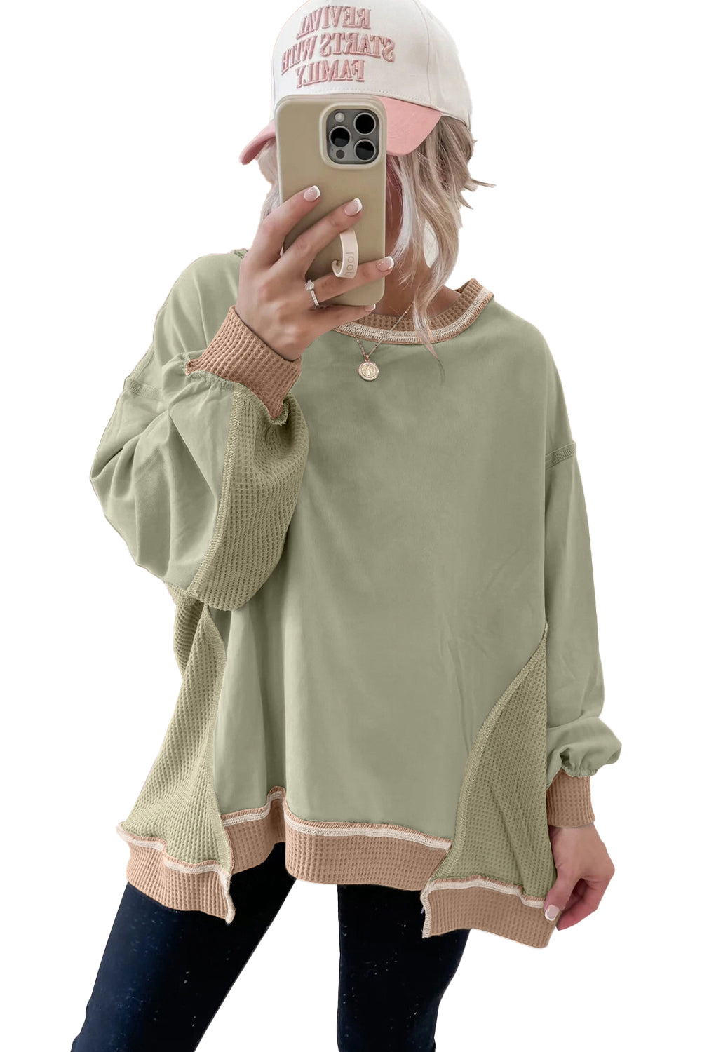 Smoke Green Colorblock Waffle Patchwork Oversize Sweatshirt Sweatshirts & Hoodies 5576e95a66a231e4