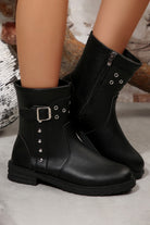Black Studded Buckle Decor Side Zip Faux Leather Boots Boots 558549c49f964886