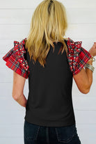 Black Pearl Plaid Ruffle Sleeve Loose T Shirt T Shirts 5592068fd4d02eee