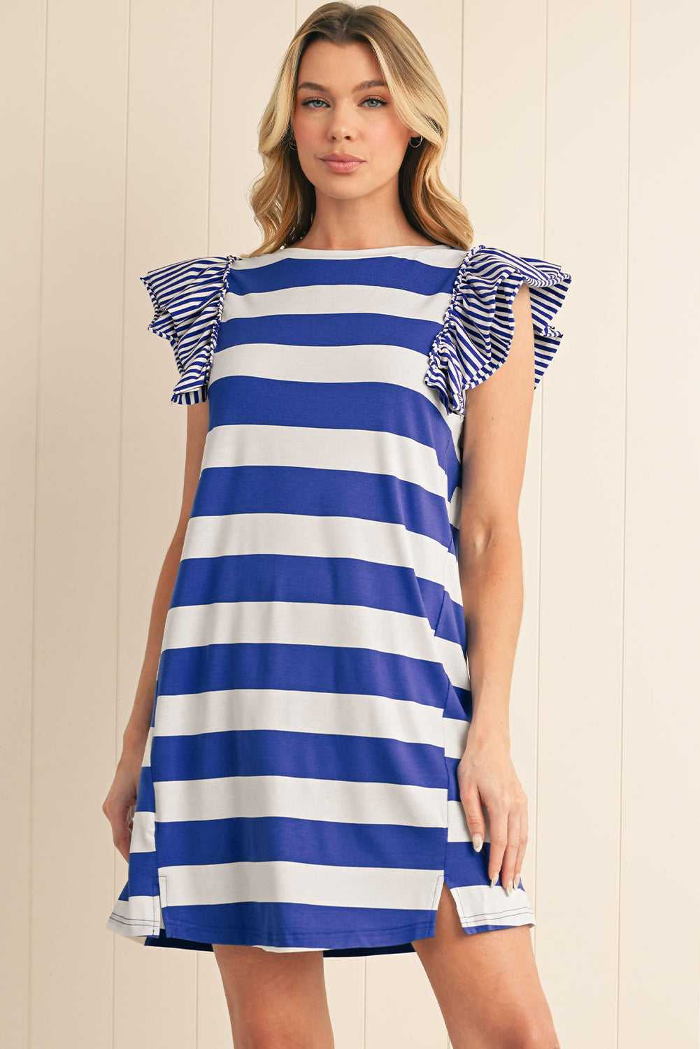 Sky Blue Stripe Ruffle Sleeve T Shirt Dress Short Dresses 55c6c9355c338c58
