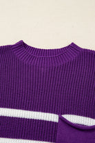 Purple Stripe Raw Edge Patched Pocket Short Sleeve Knit Sweater Sweaters 56020c88276de6ca