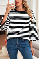 Sachet Pink Striped Round Neck Contrast Trim Bell Sleeve Top Long Sleeve Tops 5614d6a45adadc67