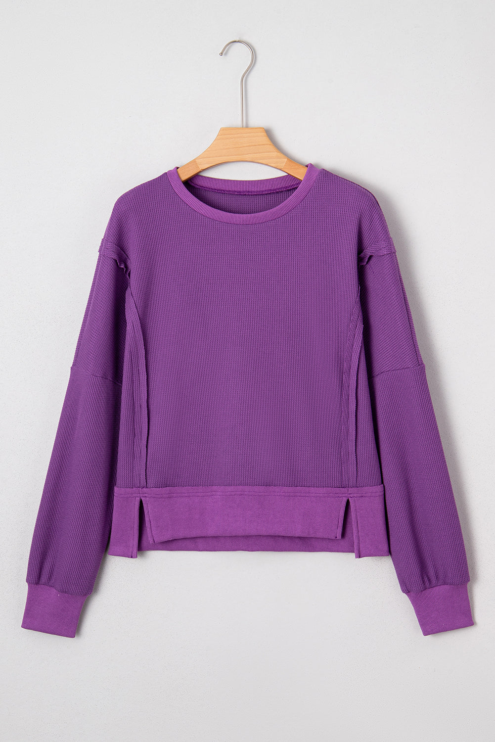 Orchid Mist Solid Color Raw Seam Patchwork Ribbed Drop Shoulder Sweatshirt Sweatshirts & Hoodies 5620d8f06c187d58