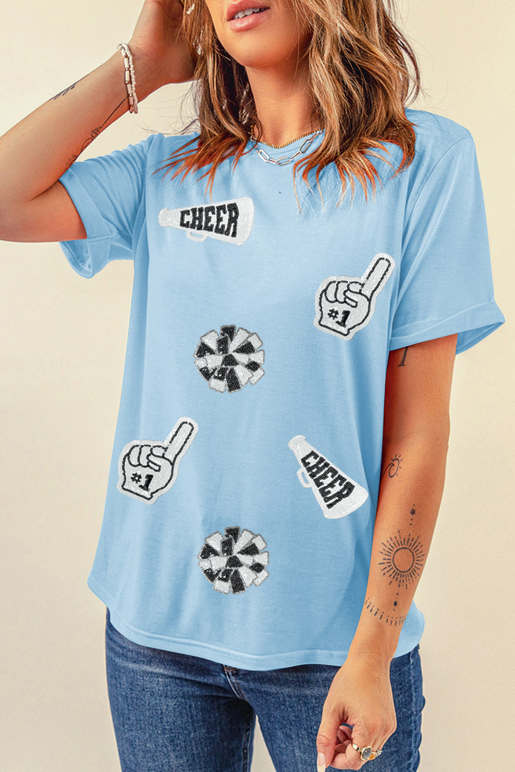 Light Blue Cheer Game Day Element Sequin Patched T Shirt Graphic Tees 5631f3c977a6f3f0
