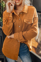 Russet Orange Flap Pocket Textured Knit Solid Color Casual Shacket Jackets 563c2aa12cadabf2