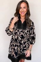 Black 3/4 Sleeve Botanical Print Split Neck Loose Mini Dress Mini Dresses 56646160294db754