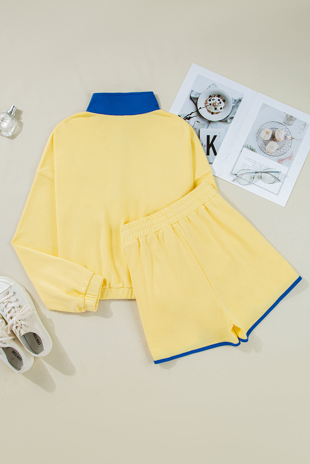 Yellow Colorblock Patchwork Half Button Pullover and Shorts Outfit Two Piece Shorts Sets 566a5b61517f64fd