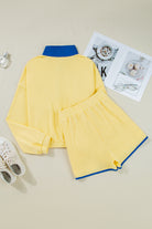 Yellow Colorblock Patchwork Half Button Pullover and Shorts Outfit Two Piece Shorts Sets 566a5b61517f64fd