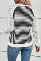 Black Stripe Textured Knit Patchwork Hollowed Lace Sleeve Top Long Sleeve Tops 56b4712b35a8ebfe