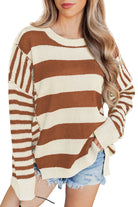 Brown Stripe Drop Shoulder Sleeve Patchwork Baggy Sweater Sweaters 56b636abef411bd2
