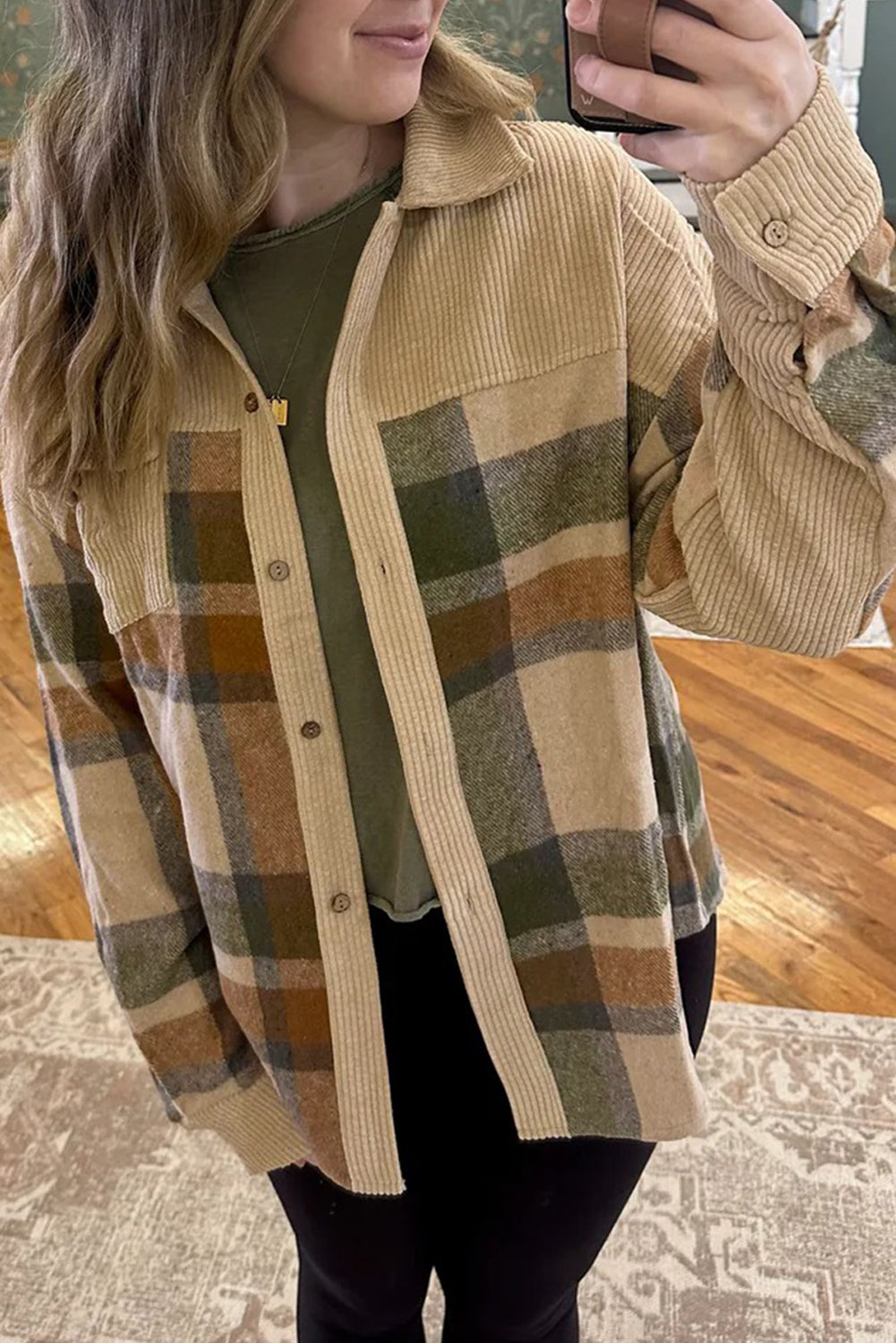 Parchment Plaid Patchwork Long Sleeve Shacket Jackets 56c93eaeacb4d0ff