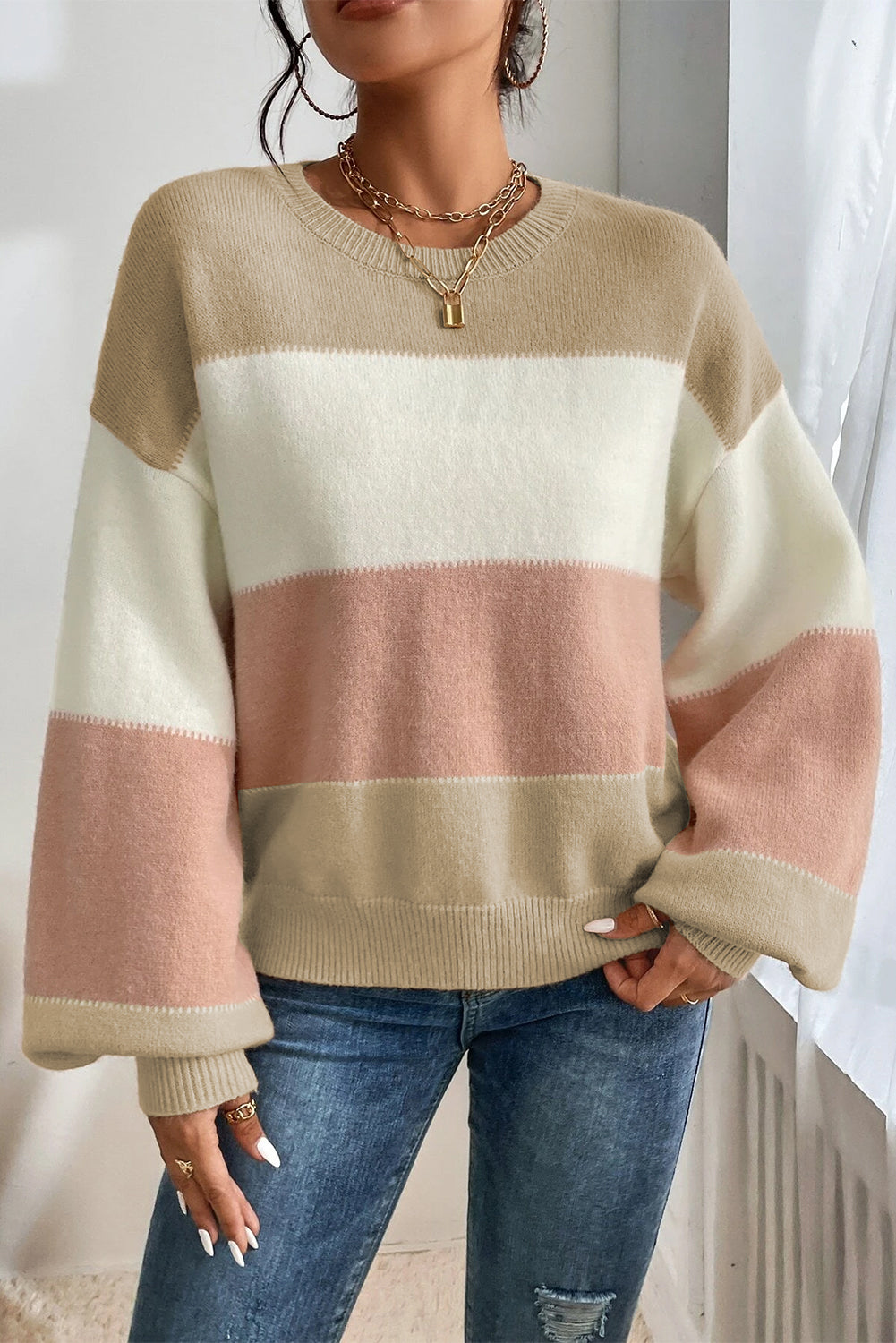 Dusty Pink Color Block Lantern Sleeve Drop Shoulder Sweater Sweaters 56e11029496bff74