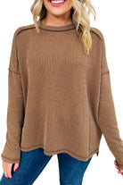 Green Bay Twisted Rib Exposed Seam Detail Long Sleeve Loose Top Long Sleeve Tops 5710c967025d0d68