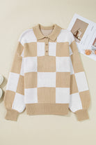 Mist Green Checkered V-Neck Collared Pullover Sweater Sweaters 571d47b602b68d20