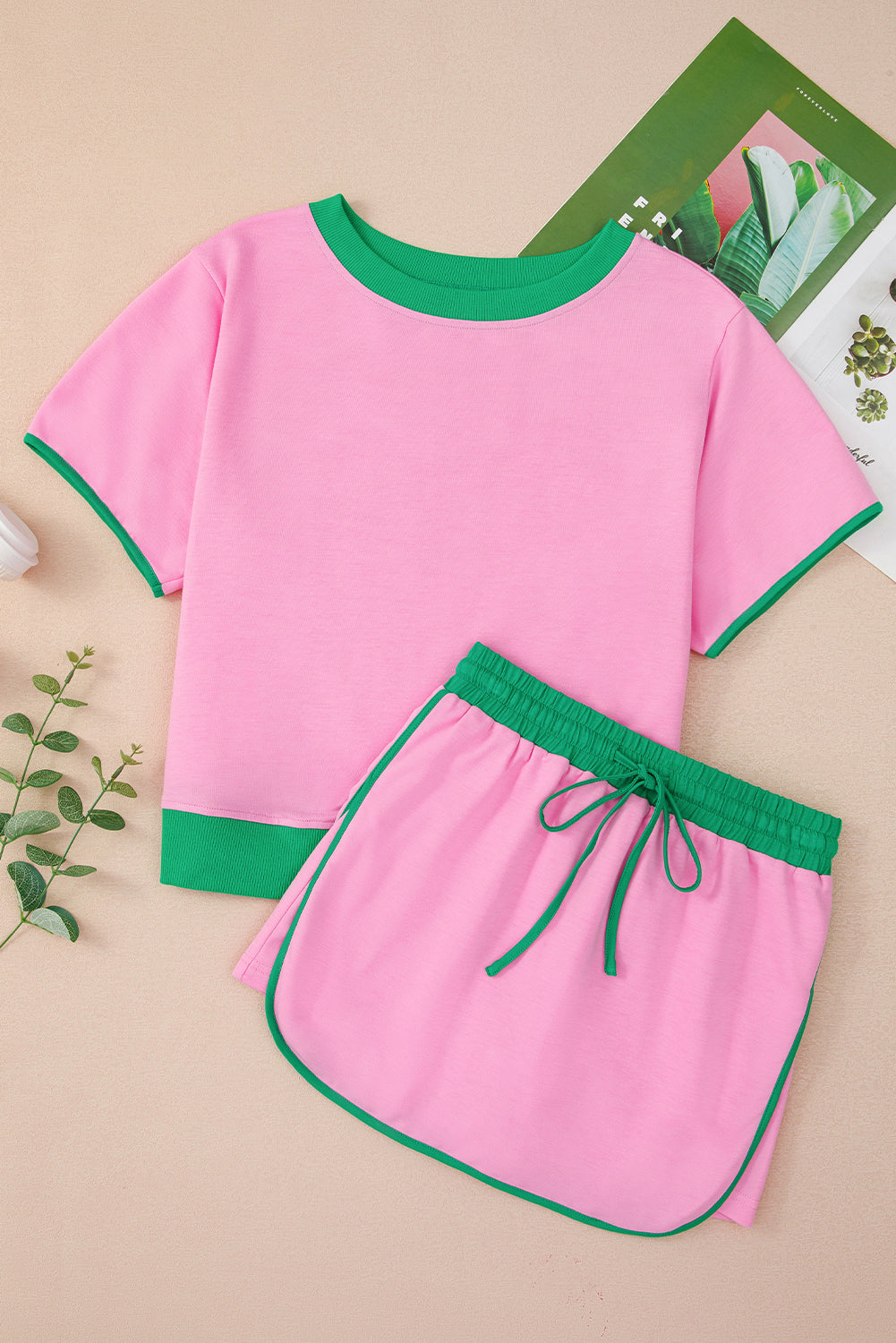 Evergreen Colorblock Edge Drop Shoulder T Shirt and Skort Set Two Piece Shorts Sets 57419f303de0b616