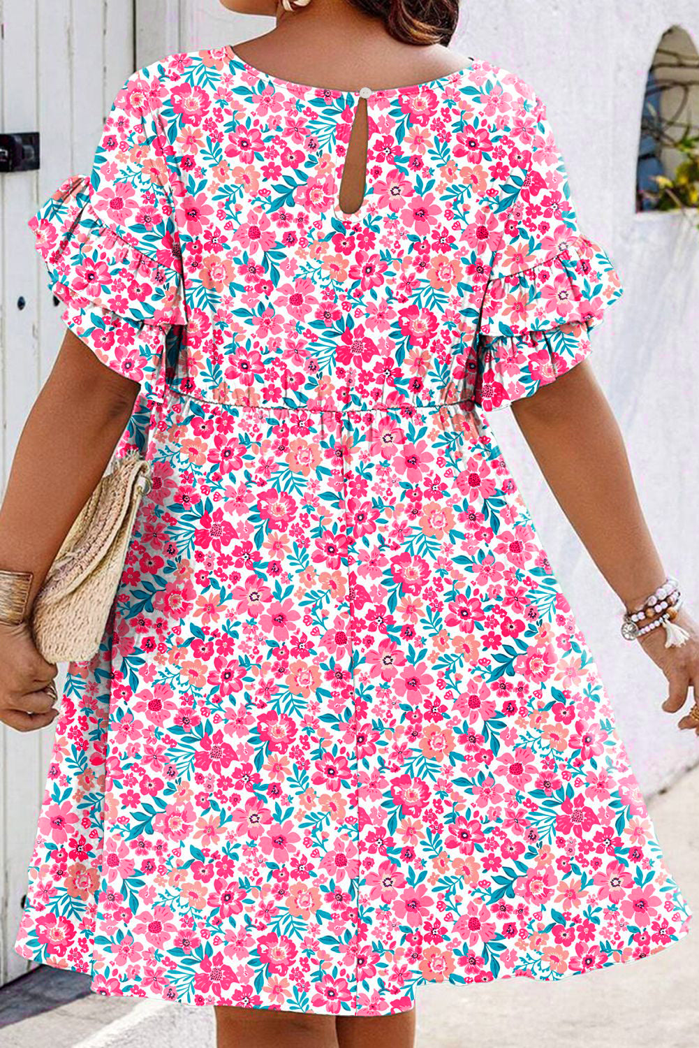 White Plus Size Floral Print Ruffle Short Sleeve Flare Dress Plus Size Dresses 5757501cea0497a4