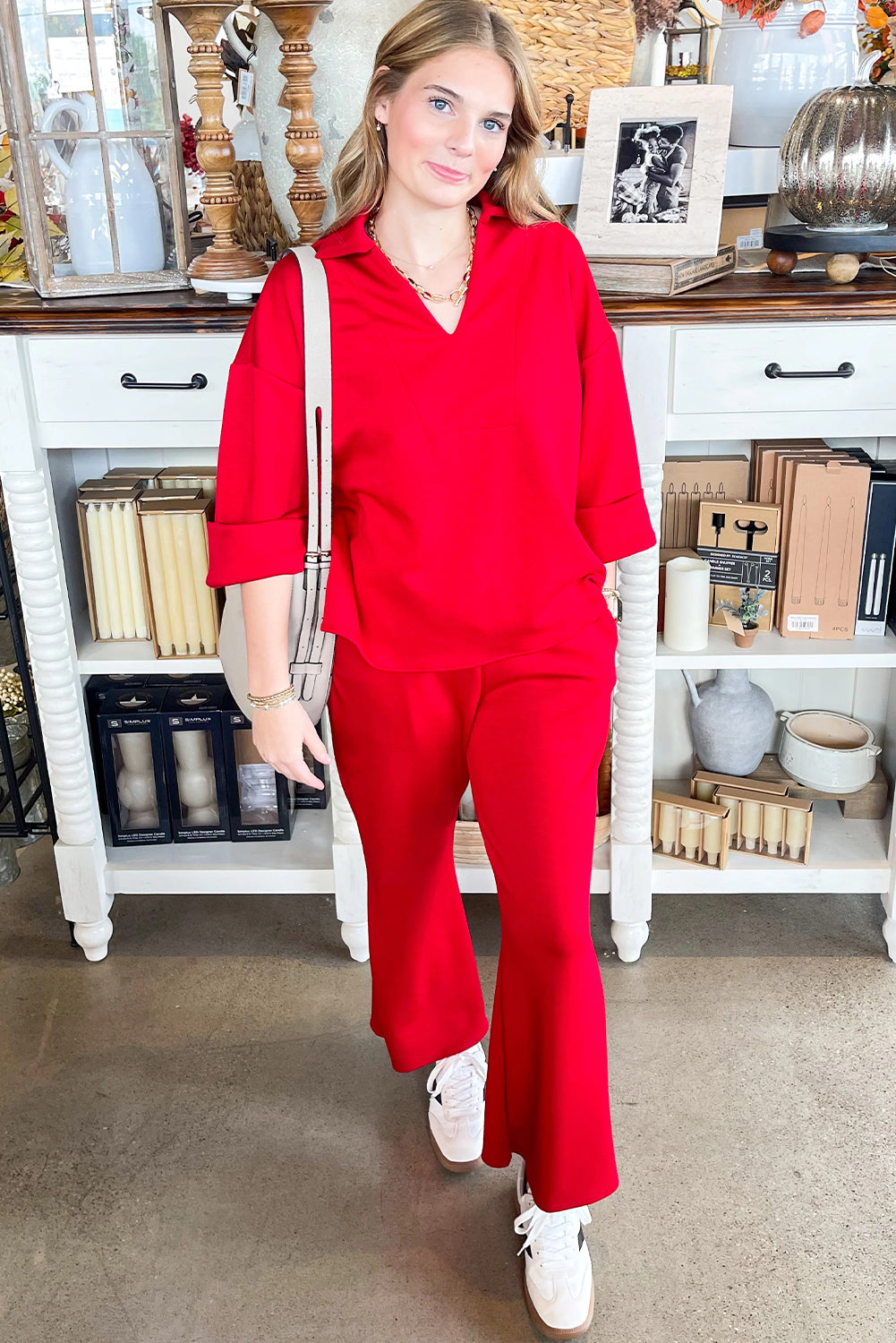 Fiery Red Plain V Neck Pullover Drawstring Bell Bottom Pants Set Two Piece Pants Sets 578f8a3eace0846e