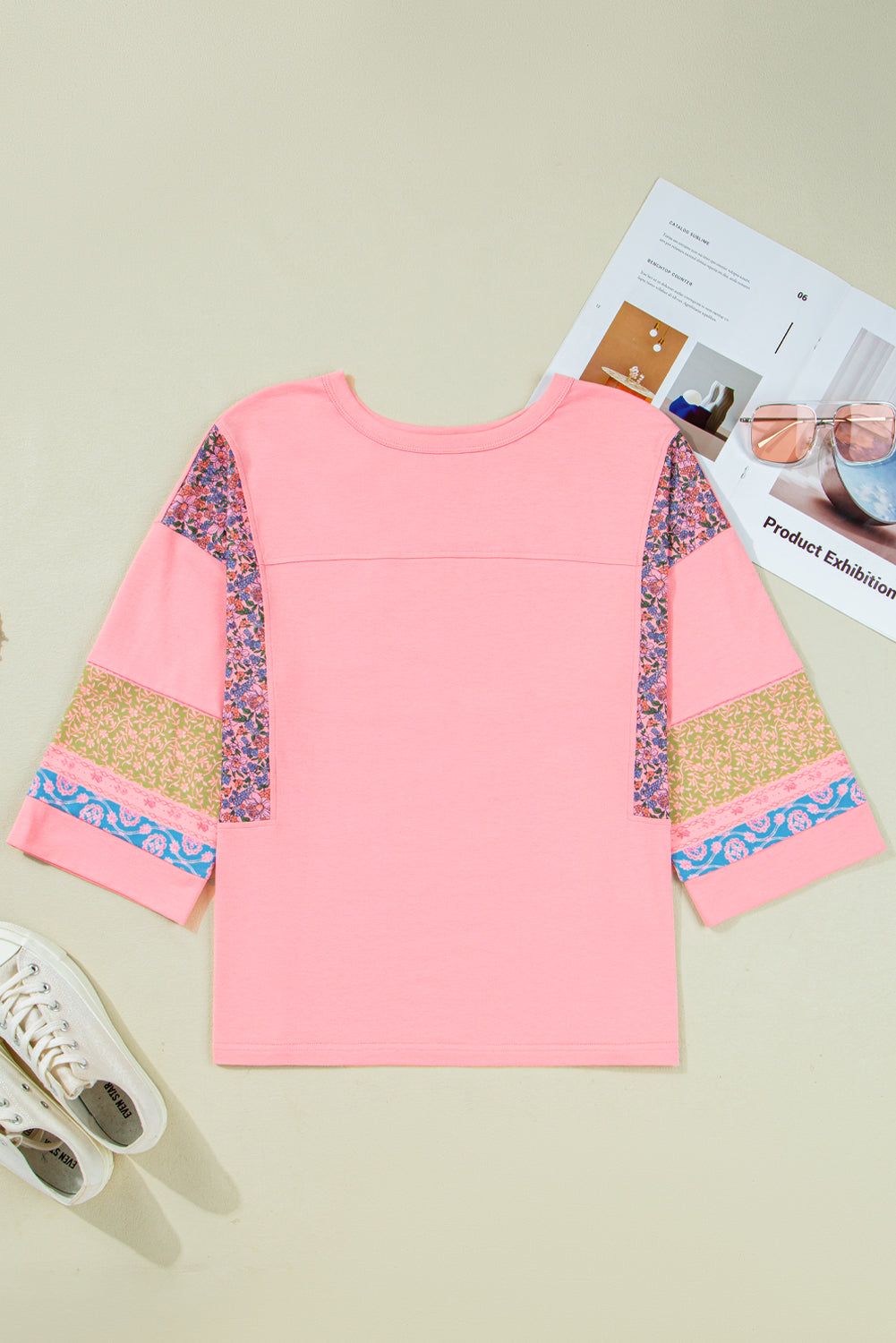 Gossamer Pink Floral Color Block Patchwork Long Sleeve Top Long Sleeve Tops 57b1ca4a65e47749