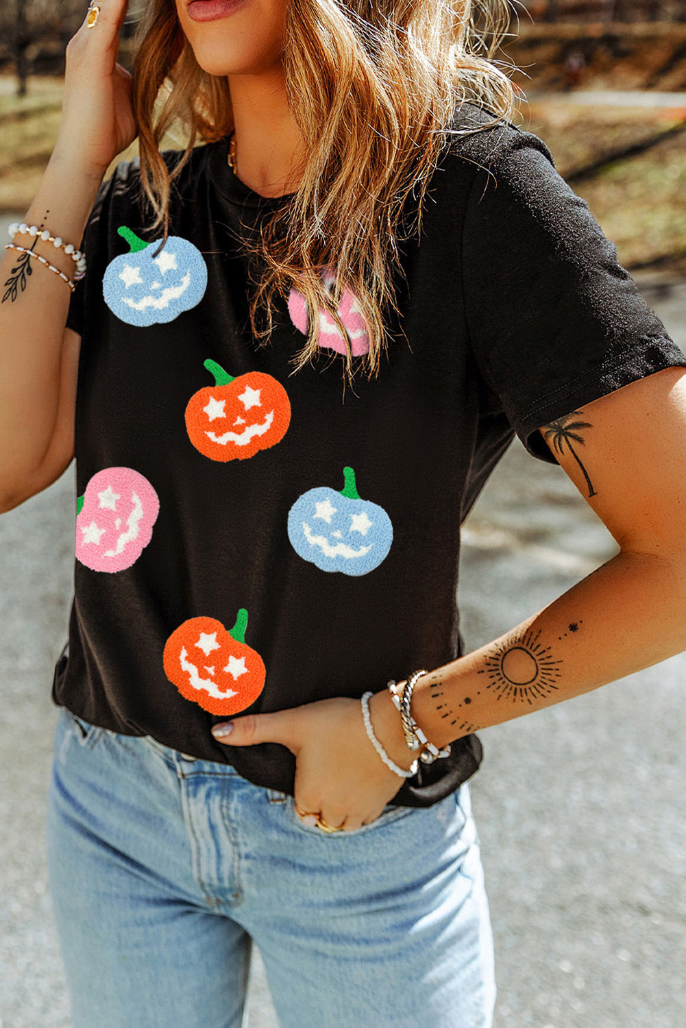 Black Chenille Pumpkin Patch Application Playful Halloween T Shirt Graphic Tees 57bad91fd9cfa27c
