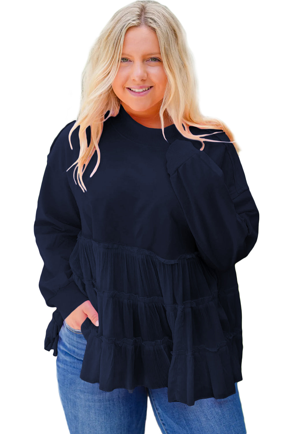 Navy Blue Frill Tiered Patchwork Ribbed Trim Flowy Plus Size Top Plus Size Tops 57e877249b765e98