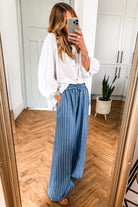 Sky Blue Stripe Chambray Wide Leg Tied Elastic Waist Trousers Pants 580ab3d4562d74ee