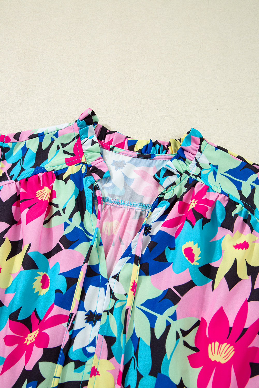 Blue Floral Flutter Sleeve Tied Notched Neck Plus Size Blouse Plus Size Tops 583330bc978e1300