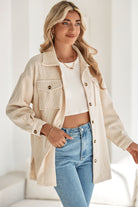 Oatmeal Corduroy Flap Pocket Button Up Shacket Jackets 585a6c54b1acab66