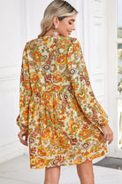 Yellow Cream Floral Print Tie V Neck Long Sleeve Mini Dress Short Dresses 58752e96d1df1c04