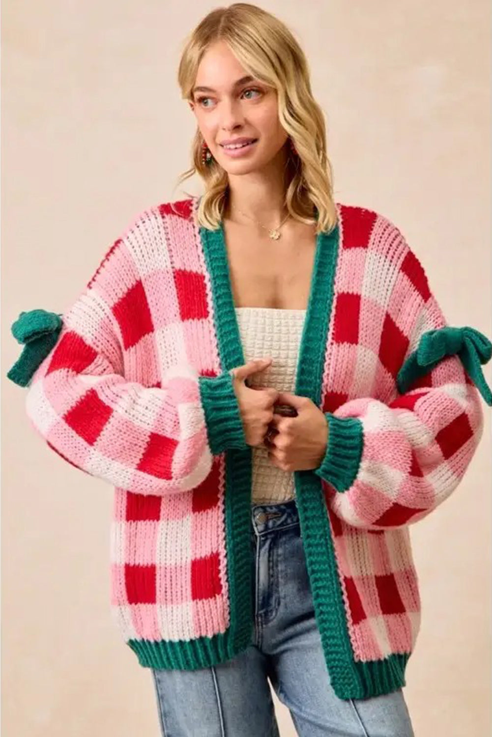Pink Colorblock Checkered Open Front Knit Cardigan Cardigans 58800718f0a39973