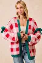 Pink Colorblock Checkered Open Front Knit Cardigan Cardigans 58800718f0a39973