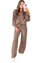 Dark Khaki Polo Collar V Neck Pullover and Drawstring Sweatpants Set Two Piece Pants Sets 58862db2f65afdb0
