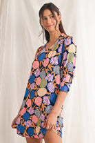 Navy Blue Hydrangea Floral V Neck Puff Sleeve Dress Short Dresses 588677c8537df487