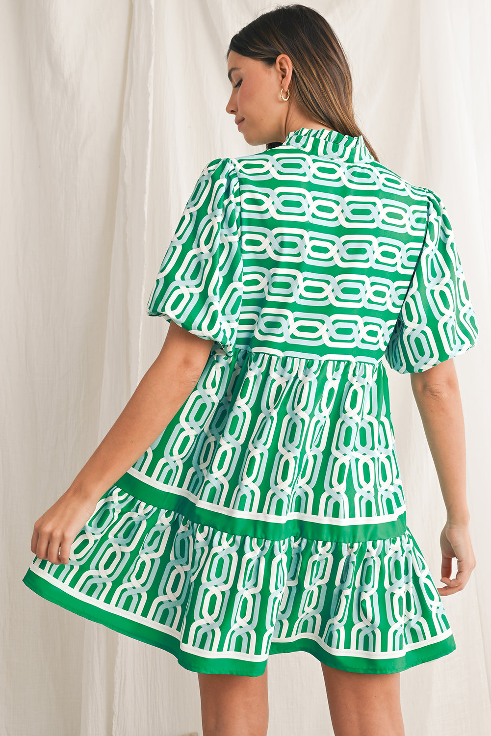 Bright Green Abstract Print Puff Sleeve Pop of Color Neckline Dress Short Dresses 589c6e5ac66663c9