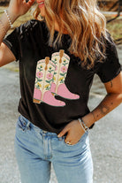 Black Floral Boots Heat Transfer Printing Graphic T Shirt Graphic Tees 58c336b9cfef911d