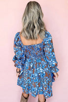 Blue Smocked Bodice High Waist Ruffled Sleeve Floral Dress Short Dresses 58c87afac2e430a3