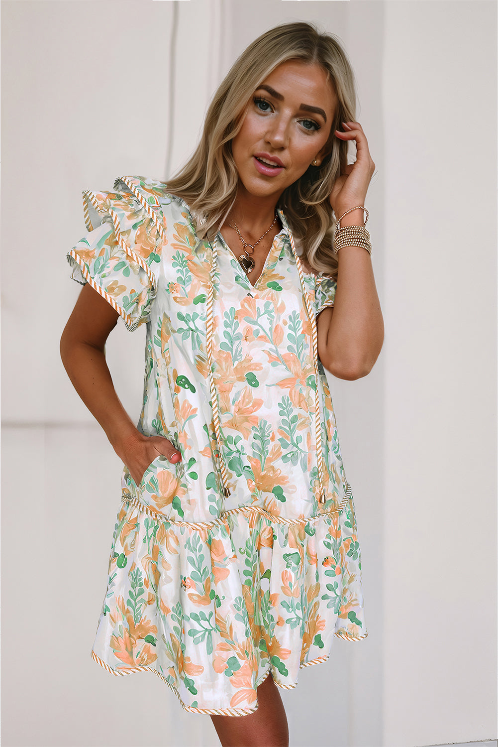 Sky Blue Floral Contrast Edge Ruffle Sleeve Tie Neck Mini Dress Short Dresses 58ca236416883cd7